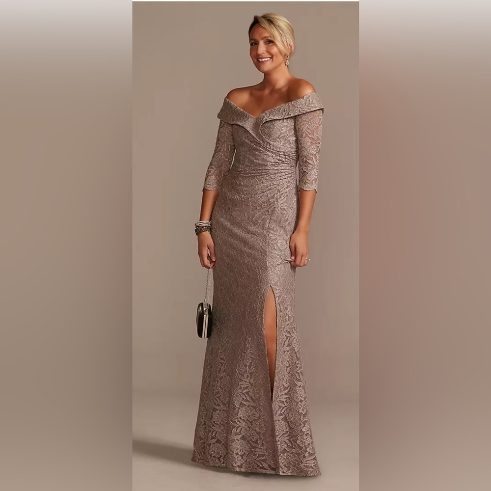Oleg Cassini Off-Shoulder Lace Gown in Taupe NWT 8